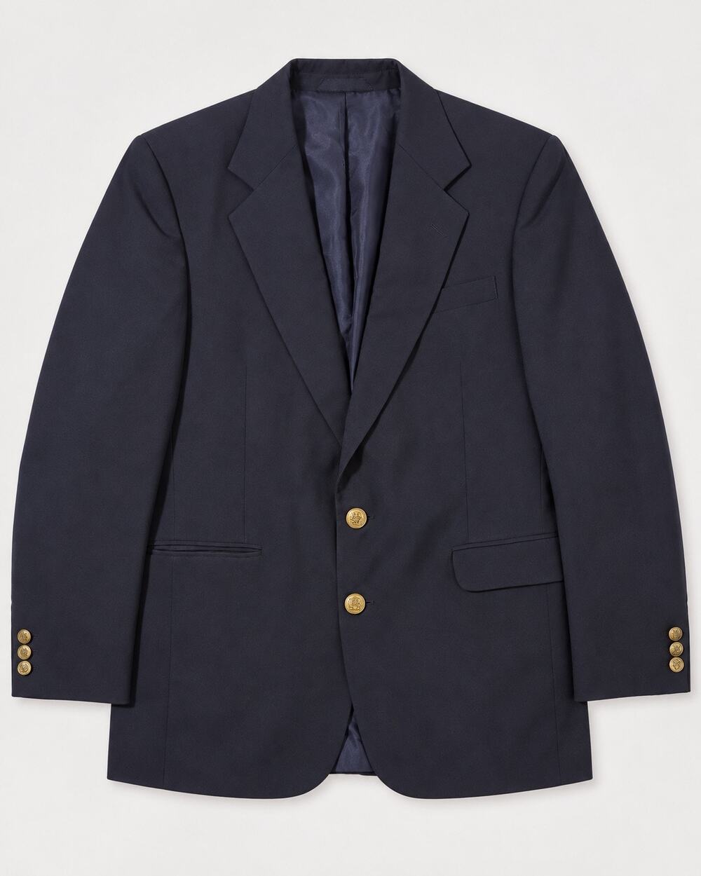 Haggar Men’s Navy Blazer 42L Wool Blend Gold Crest Buttons Preppy Sport Coat